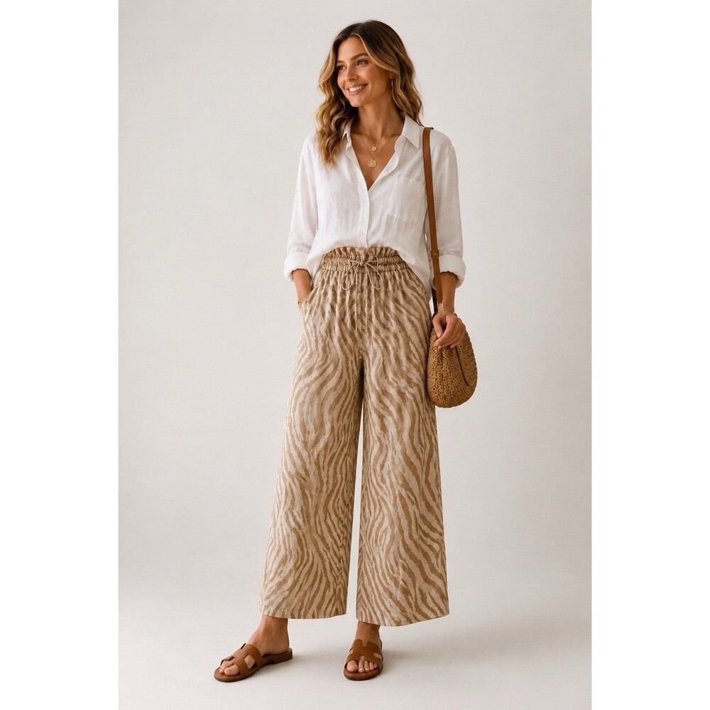 Linen Blend Beige Zebra Print Wide Leg Pants Pull On Elastic Waist Large Coastal